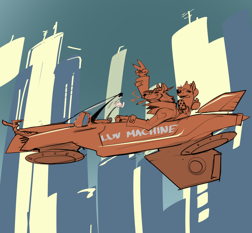 2016 anthro car city digital_media_(artwork) duo flying_car flying_vehicle gnoll hi_res hyena inside_car inside_vehicle male mammal pimp prostitution ratcha simple_background vehicle