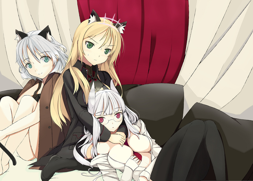 3girls animal_ears aqua_eyes between_breasts blonde_hair breasts cat_ears cat_girl cat_tail cleavage commentary_request cover cover_page glasses green_eyes grey_hair heidimarie_w._schnaufer heinrike_prinzessin_zu_sayn-wittgenstein hirschgeweih_antennas jacket jacket_on_shoulders kotora long_hair medium_breasts multiple_girls necktie noble_witches red_eyes red_necktie sanya_v._litvyak strike_witches tail thighhighs world_witches_series yuri