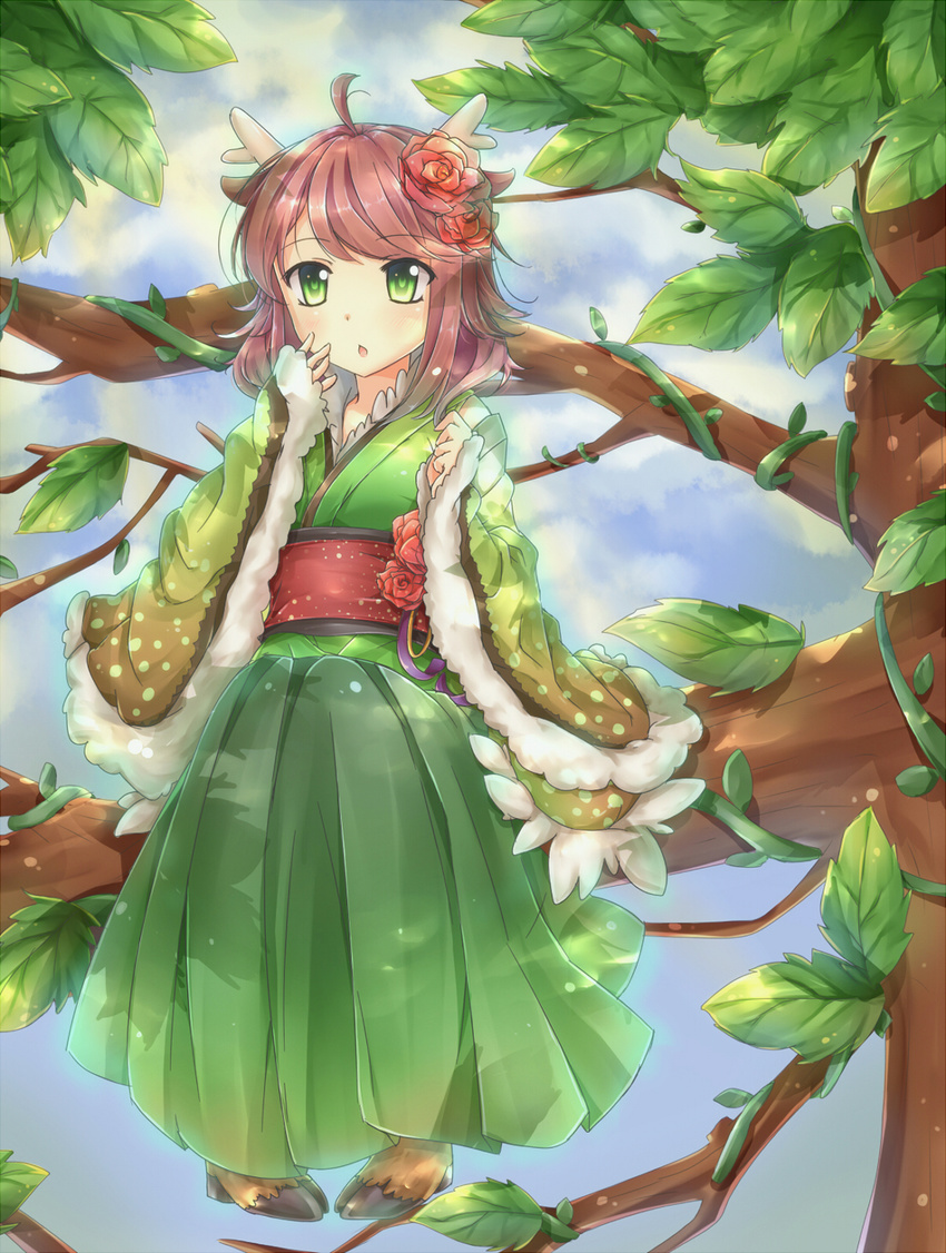 :o ahoge animal_ears antlers blue_sky blush brown_hair chestnut_mouth coat commentary_request day deer_ears female flower full_body fur_trim green_eyes green_kimono hand_on_own_face highres hooves horns in_tree japanese_clothes kano_(p&d) kimono leaf long_hair long_sleeves natsume_kei obi outdoors pigeon-toed plant puzzle_&_dragons red_flower red_rose rose sash sitting sitting_in_tree sky solo tree vines