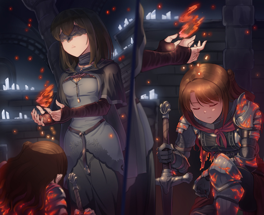 3girls armor ashen_one_(dark_souls_3) ashen_one_(dark_souls_3)_(cosplay) brown_hair closed_eyes commentary cosplay dark_souls_(series) dark_souls_iii facing_away fire_keeper fire_keeper_(cosplay) hair_bun holding holding_sword holding_weapon idolmaster idolmaster_cinderella_girls kamille_(vcx68) long_hair looking_away multiple_girls sagisawa_fumika shimamura_uzuki short_hair single_hair_bun sword weapon