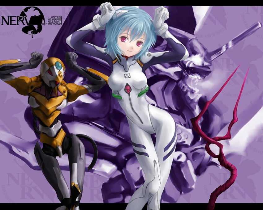 ayanami_rei blue_hair caramelldansen eva_00 eva_01 lance_of_longinus mecha neon_genesis_evangelion pink_eyes short_hair weapon