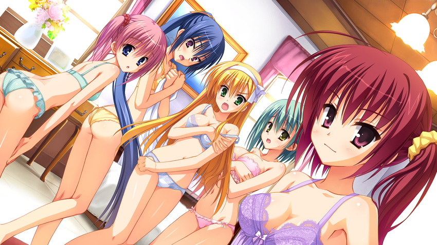 5girls :o angry ass bare_legs blonde_hair blue_eyes blue_hair bra breast_hold breasts cleavage covering_privates dutch_angle frilled_panties frills game_cg green_eyes hairband highres kanemoto_akari kobuichi kunihiro_hinata leaning_forward legs lingerie long_hair looking_at_viewer looking_back medium_breasts multiple_girls muririn nagamitsu_maya noble_works open_mouth panties pink_hair ponytail purple_eyes red_hair sanjou_makoto short_hair side_ponytail skinny small_breasts tsukiyama_sena twintails underwear underwear_only very_long_hair