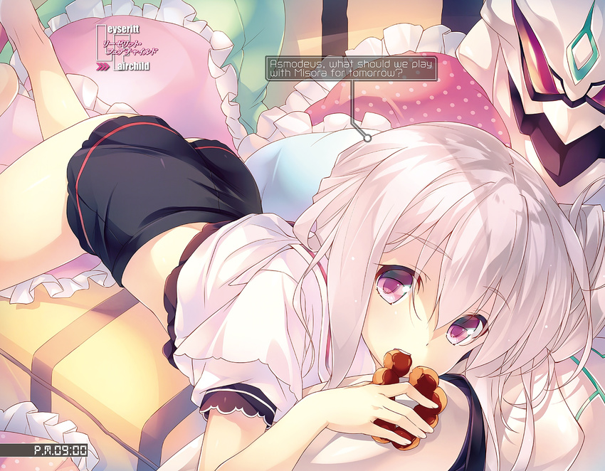 amami_mikihiro barefoot black_shorts character_name eating eyebrows female hair_between_eyes highres kuusen_madoushi_kouhosei_no_kyoukan leyseritt_fairchild long_hair looking_at_viewer lying novel_illustration official_art on_stomach pink_eyes shirt shorts solo white_hair white_shirt