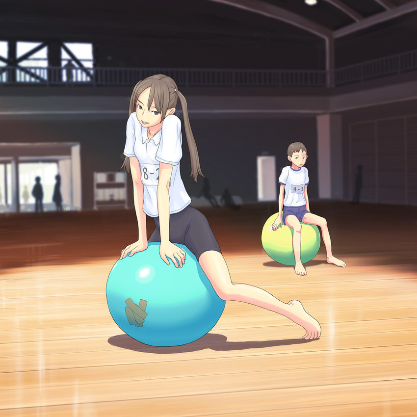 1boy ball barefoot bike_shorts brown_eyes brown_hair commentary_request exercise_ball feet female flash_tomo gym_uniform highres original painttool_sai_(medium) school twintails