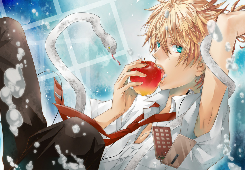 1boy apple aqua_eyes biting blonde_hair cellphone commentary_request food fruit hakuseki highres kagamine_len male_focus necktie out_of_eden_(vocaloid) phone red_necktie snake solo underwater vocaloid