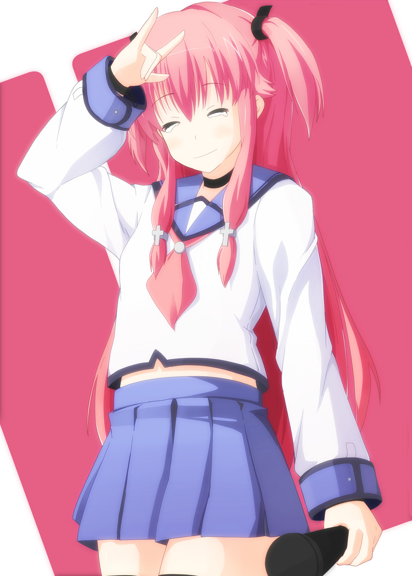 angel_beats! closed_eyes commentary_request female futatsuki graduation highres long_hair pink_hair salute school_uniform serafuku solo tears two_side_up yui_(angel_beats!)