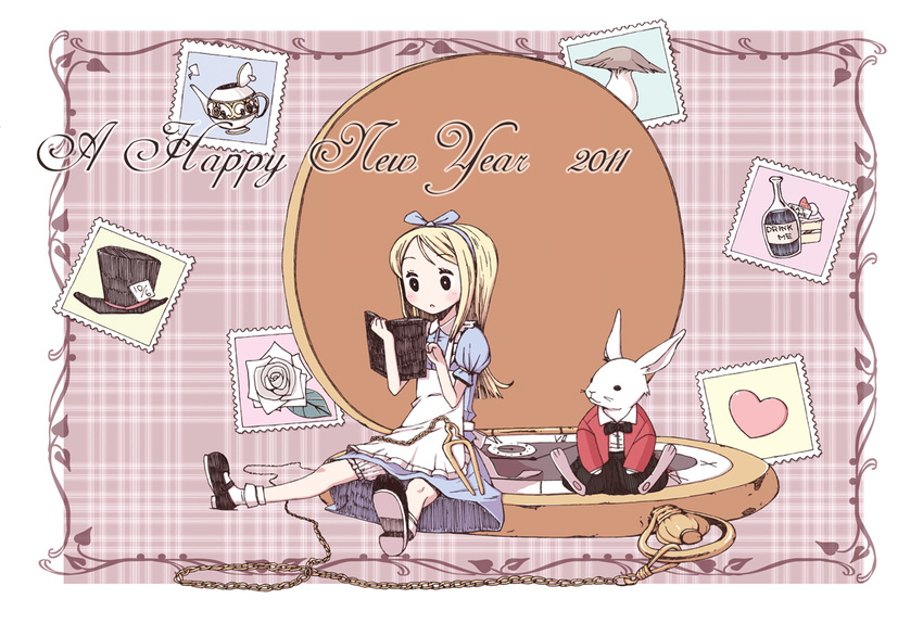 alice_(alice_in_wonderland) alice_in_wonderland apron bad_id bad_pixiv_id blonde_hair bloomers book bottle bow bowtie cake chika_(orange_pop) dress female flower food hat heart lid mary_janes mushroom new_year pocket_watch shoes sitting teapot underwear watch white_rabbit_(alice_in_wonderland)