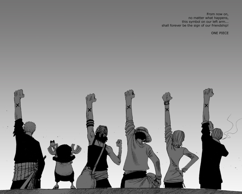 4boys alabasta back bandana clenched_hand edited everyone female female fist friends friendship haramaki hat male monkey_d_luffy monochrome multiple_boys nami nami_(one_piece) oda_eiichiro oda_eiichirou official_art one_piece pirate reindeer roronoa_zoro roronora_zora sanji sash smoke smoking standing straw_hat sword tony_tony_chopper usopp wallpaper weapon x