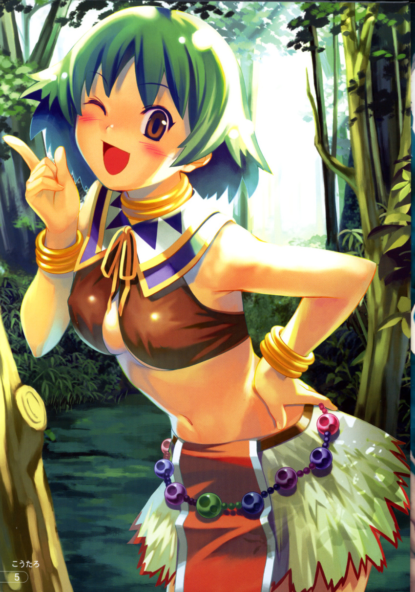 bare_shoulders belt blush bracelet breasts brown_eyes choker cleavage crop_top female forest green_hair hand_on_own_hip highres jewelry koutaro large_breasts leaning_forward loincloth midriff morgan_(tears_to_tiara) nature navel one_eye_closed open_mouth outdoors ribbon short_hair skirt smile solo tears_to_tiara tree