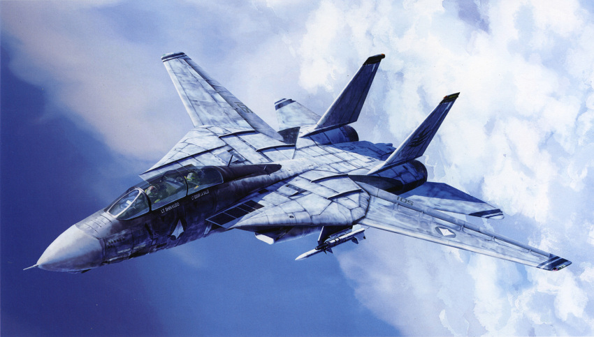 aircraft airplane cloud cockpit day edgar_lasalle f-14_tomcat fighter_jet flying helmet highres jet kudou_shin macross macross_zero military military_vehicle missile official_art pilot pilot_suit production_art realistic science_fiction sky tenjin_hidetaka u.n._spacy vehicle_focus