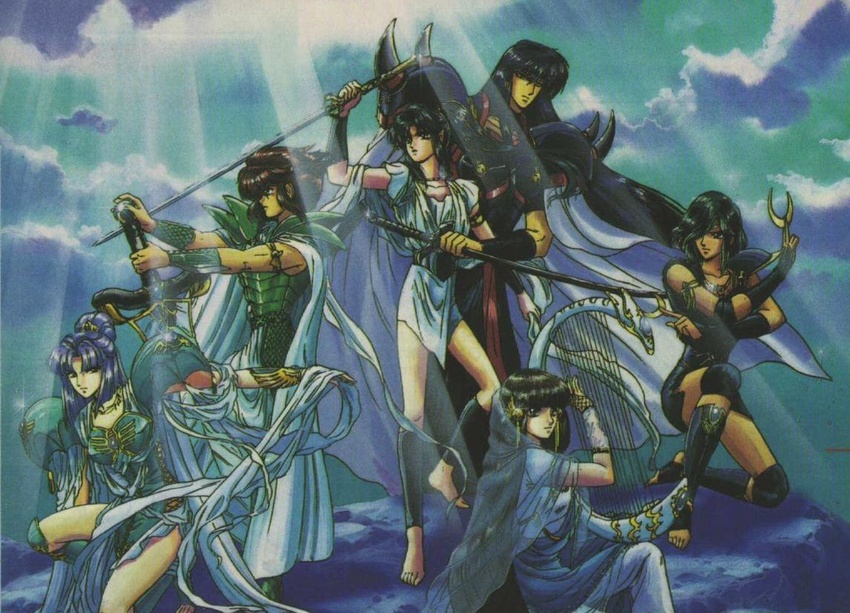 1other 2boys 3girls androgynous armor ashura_(rg_veda) barefoot black_hair clamp_(circle) cloud cloudy_sky fighting_stance full_body karura-ou kendappa-ou light_rays long_sleeves multiple_boys multiple_girls official_art outdoors rg_veda rock ryuu-ou shin_guards short_hair shoulder_pads sky souma_(rg_veda) standing sunlight toeless_legwear traditional_media unsheathed yasha-ou