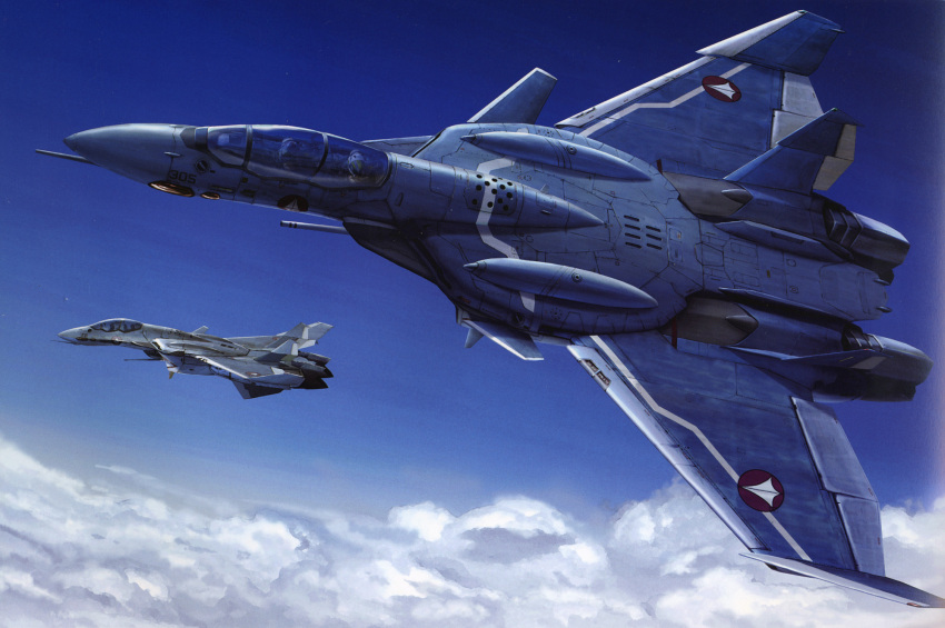 2boys aircraft airplane canards cloud day edgar_lasalle fighter_jet flying highres jet kudou_shin macross macross_zero military military_vehicle multiple_boys realistic roundel sky tenjin_hidetaka variable_fighter vehicle_focus vf-0 vf-0d