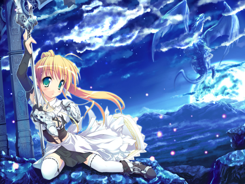 copyright_request dragon fantasy female onsokuzekuu photoshop_(medium) sky solo thighhighs zettai_ryouiki