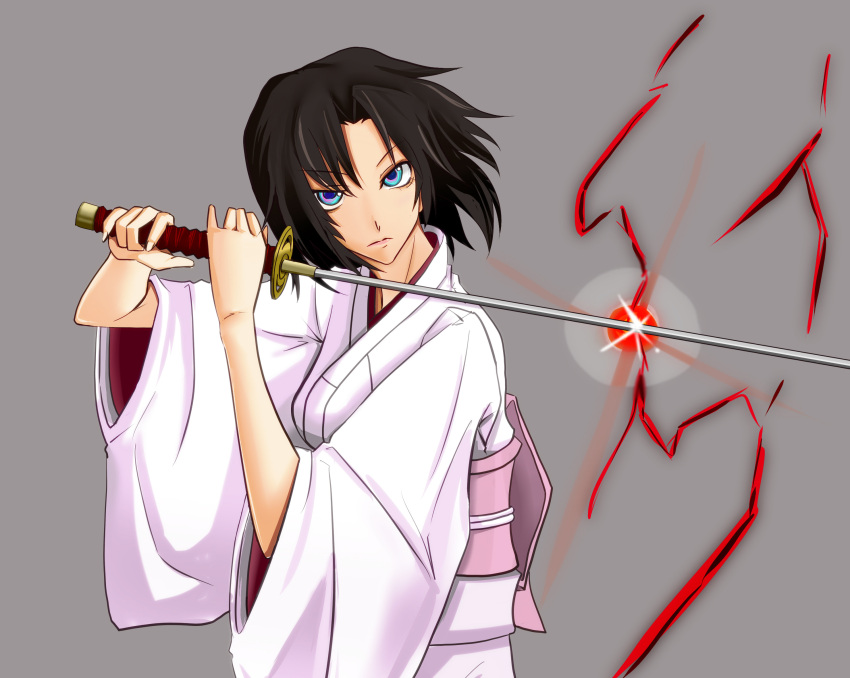 baron_(nsbaron) blue_eyes brown_hair commentary_request female highres japanese_clothes kara_no_kyoukai katana kimono multicolored_eyes obi pink_eyes ryougi_shiki sash short_hair simple_background solo sword weapon