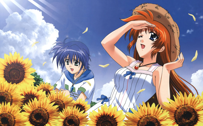 2girls blue_eyes blue_hair brown_hair green_eyes hat long_hair mach_caliber mahou_shoujo_lyrical_nanoha mahou_shoujo_lyrical_nanoha_strikers multiple_girls necklace open_mouth raising_heart short_hair sky straw_hat subaru_nakajima sunflower takamachi_nanoha very_long_hair