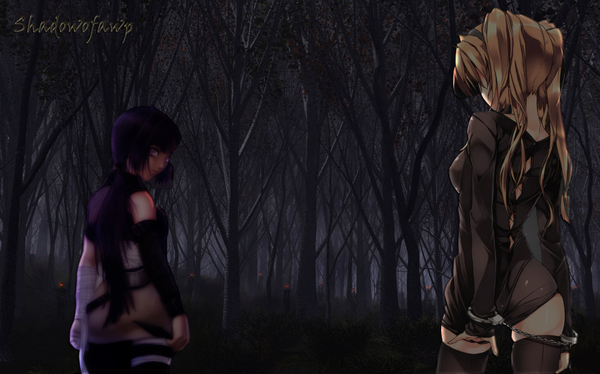 2girls absurdres arms_behind_back bad_photoshop blonde_hair dark forest from_behind glowing_eyes handcuffs hinata hyuuga looking_back naruto photoshop purple_hair stripes transparent zettai_ryouiki