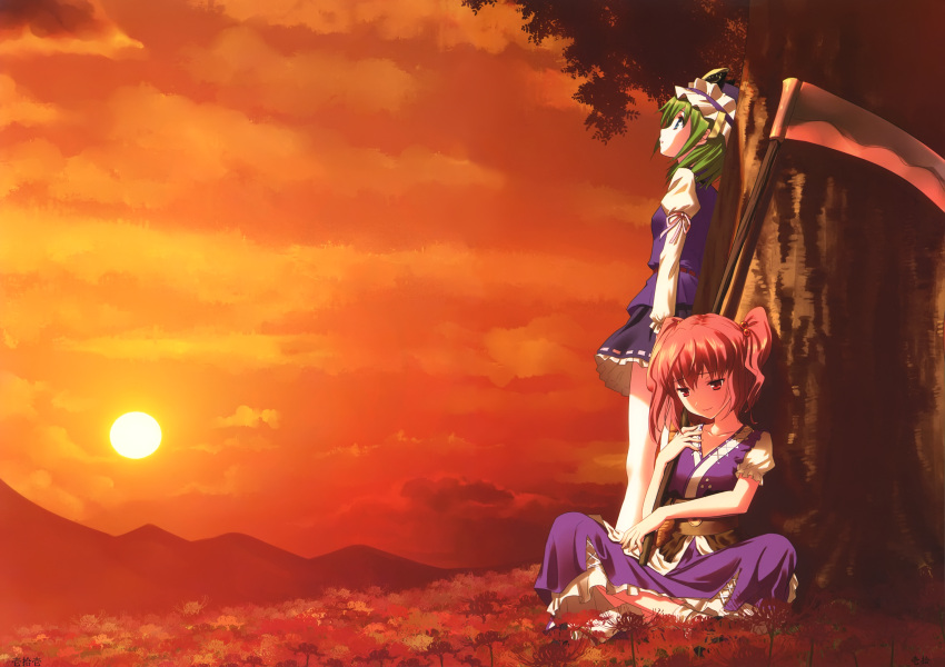 absurdres against_tree flower green_hair hat highres huge_filesize indian_style light_smile multiple_girls onozuka_komachi red_eyes red_hair scan scythe shiki_eiki short_hair sitting skirt sky spider_lily standing sunset touhou tree weapon yasuyuki