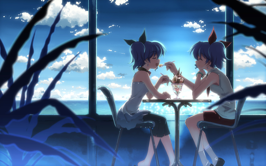 2girls absurdres blue_hair blurry bracelet chair character_request closed_eyes cloud day depth_of_field djmax djmax_portable earrings eating feeding feet_out_of_frame food from_side hair_ribbon highres holding holding_spoon ice_cream indoors jewelry ladymade_star multiple_girls necktie nina_klatt open_mouth profile ribbon scan sehra_klatt shirt shoes siblings side_ponytail sisters sitting sky sleeveless smile socks spoon sundae table twins water yuuki_tatsuya