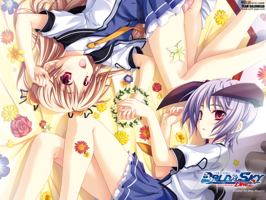 baldr_sky bed blonde_hair long_hair minazuki_makoto minazuki_sora miyama-zero panties purple_hair red_eyes seifuku short_hair underwear