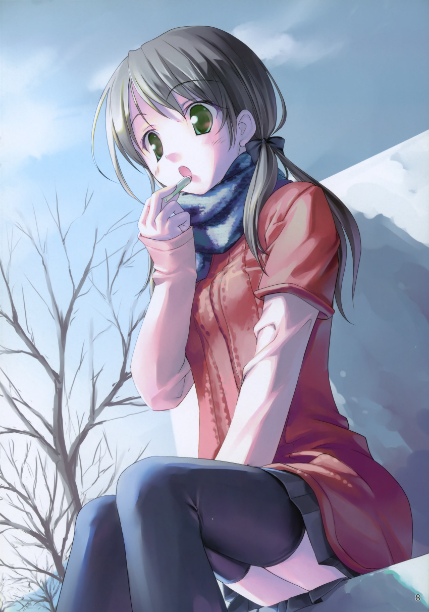 absurdres black_thighhighs female green_eyes grey_hair highres holding lip_balm open_mouth original scan scarf sitting skirt solo takoyaki_(roast) thighhighs tree winter