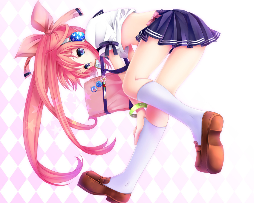 bent_over blush bow hana long_hair midriff pangya seifuku shirt_lift skirt socks under_boob uniform