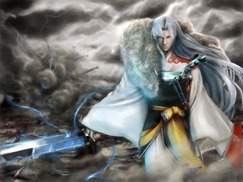 1280x960 1boy armor inuyasha male_focus realistic sesshomaru sesshoumaru solo sword weapon white_hair