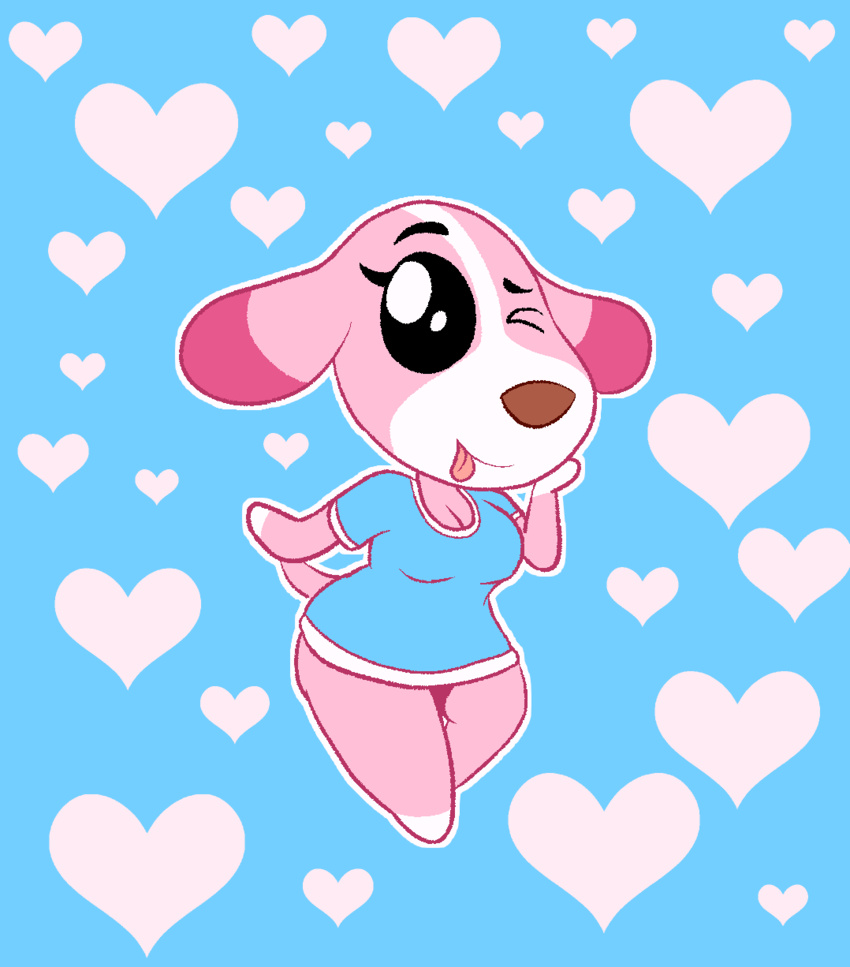 animal_crossing anthro canid canine canis cookie_(animal_crossing) domestic_dog female heart_background heart_pattern heart_symbol hi_res looking_at_viewer mammal marcodile nintendo one_eye_closed pattern_background simple_background solo tongue tongue_out wide_hipped_female wide_hips wink