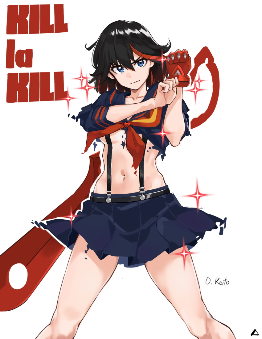 artist_name black_hair blue_eyes breasts closed_mouth collarbone commentary copyright_name female gloves hands_up highres kill_la_kill knees matoi_ryuuko medium_hair midriff multicolored_hair navel oliver_koito pleated_skirt red_gloves red_hair school_uniform scissor_blade_(kill_la_kill) senketsu serafuku signature skirt streaked_hair suspender_skirt suspenders two-tone_hair underboob weapon white_background