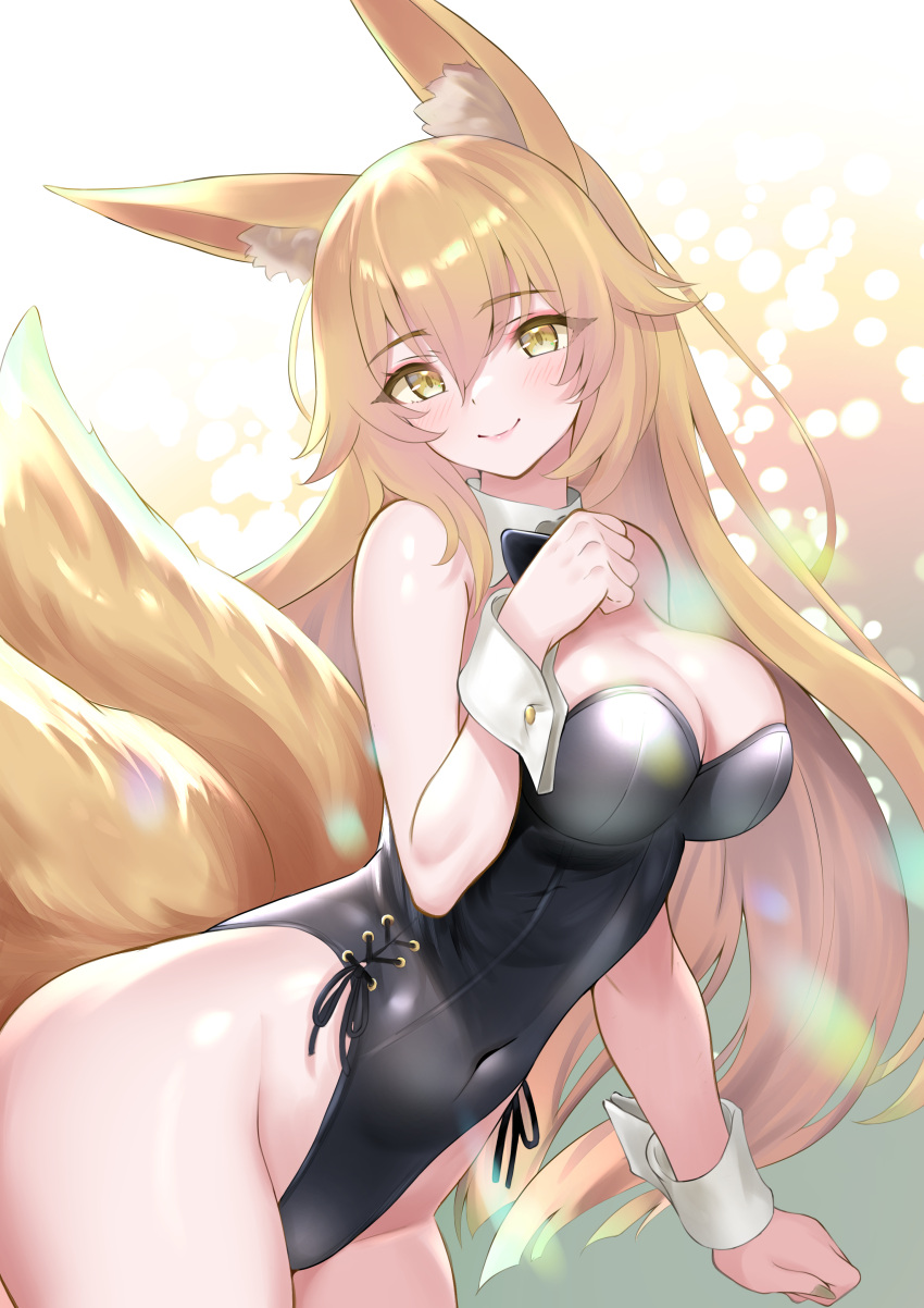 absurdres animal_ears bare_shoulders black_bow black_bowtie black_leotard blonde_hair borrowed_character bow bowtie breasts cleavage commentary commission covered_navel detached_collar female fox_ears fox_girl fox_tail hair_between_eyes highleg highleg_leotard highres large_breasts leotard long_hair multiple_tails original playboy_bunny skeb_commission snow-yuuki solo strapless strapless_leotard tail thighs traditional_bowtie wrist_cuffs yellow_eyes