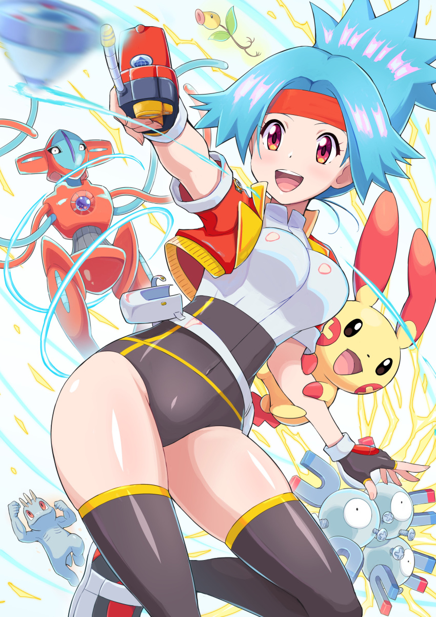 :d absurdres bellsprout belt blue_hair blurry blush breasts brown_legwear capture_styler commentary_request covered_navel cropped_jacket deoxys deoxys_(normal) electricity eyelashes female fingerless_gloves gloves headband highres jacket long_hair machop magneton open_clothes open_jacket open_mouth orange_headband plusle pokemoa pokemon pokemon_(creature) pokemon_ranger pokemon_ranger_1 shiny_skin shoes short_sleeves smile solana_(pokemon) teeth thighhighs tongue white_background