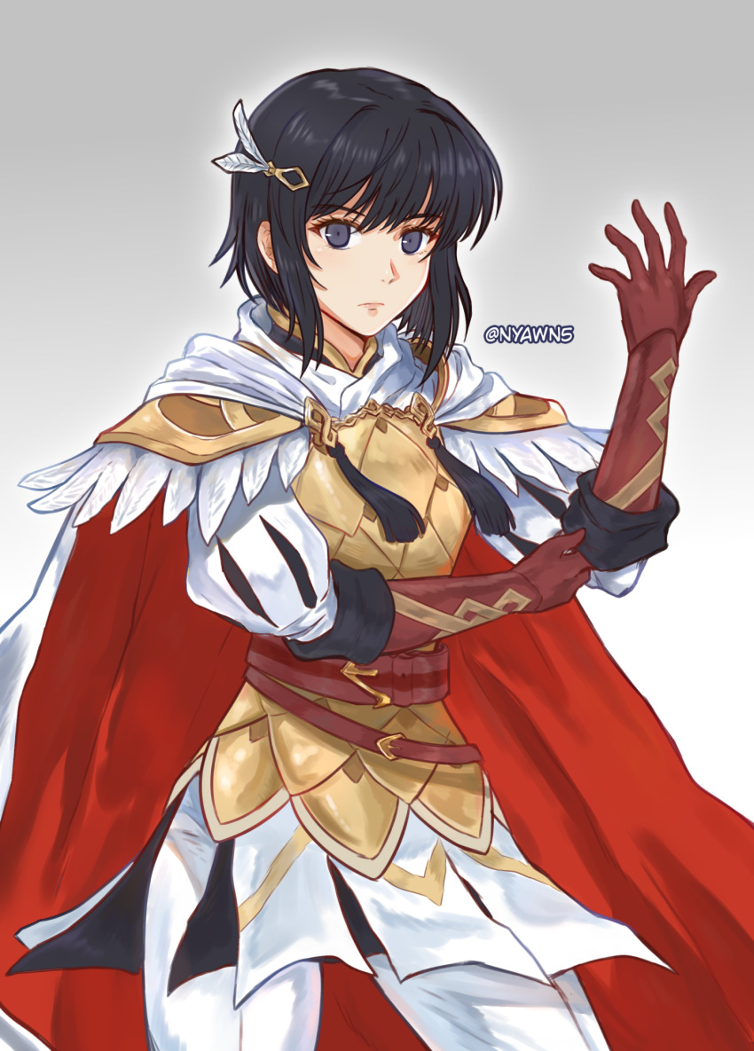 armor black_hair cape closed_mouth feather_trim female fire_emblem fire_emblem:_thracia_776 fire_emblem_heroes gloves hair_ornament highres nyawn5 olwen_(fire_emblem) olwen_(resplendent)_(fire_emblem) short_hair solo twitter_username