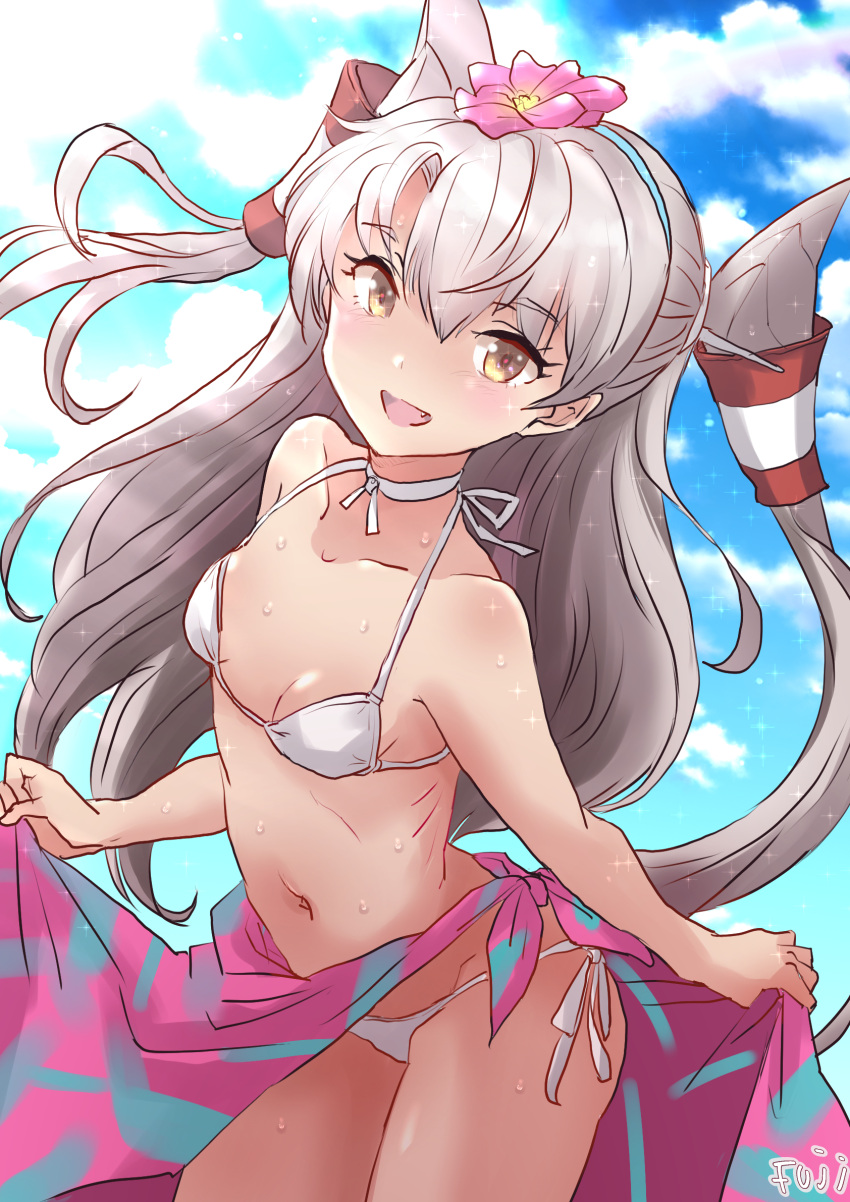 amatsukaze_(kancolle) bikini blue_sky breasts brown_eyes choker cloud commentary_request cowboy_shot female flower fuji_(pixiv24804665) grey_hair hair_flower hair_ornament hair_tubes highres kantai_collection long_hair navel open_mouth outdoors sarong_hold side-tie_bikini_bottom sky small_breasts smile solo standing swimsuit two_side_up white_bikini white_choker