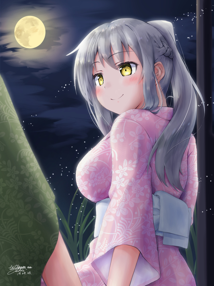 artist_name bad_id bad_pixiv_id braid breasts commentary_request dated female flower_knight_girl ginryousou_(flower_knight_girl) grey_hair hair_between_eyes highres japanese_clothes kimono large_breasts long_hair looking_at_another moon night outdoors pink_kimono ponytail smile solo_focus yellow_eyes yukinoshiro