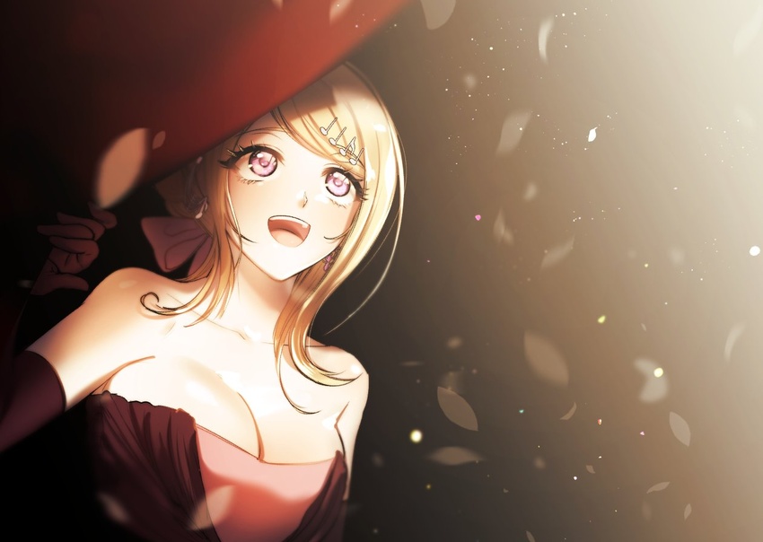 :d ahoge akamatsu_kaede bare_shoulders black_gloves blonde_hair breasts cleavage collarbone commentary_request danganronpa_(series) danganronpa_v3:_killing_harmony dress earrings elbow_gloves female gloves gradient_background gwanlamcha hair_ornament hand_up happy jewelry korean_commentary large_breasts long_hair looking_at_viewer musical_note musical_note_hair_ornament off_shoulder open_mouth pink_dress pink_eyes smile solo upper_body