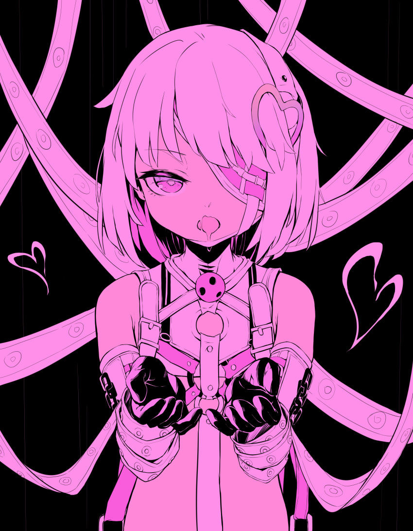 absurdres ball_gag bare_shoulders black_background black_gloves bondage_outfit colored_inner_hair dohna_dohna_issho_ni_warui_koto_o_shiyou eyepatch female gag gloves hair_ornament heart heart_hair_ornament highres iyasu_shikaku looking_at_viewer monochrome multicolored_hair multiple_straps open_mouth pink_eyes pink_theme porno_(dohna_dohna) revealing_clothes saliva short_hair solo strap two-tone_hair upper_body wiffle_gag