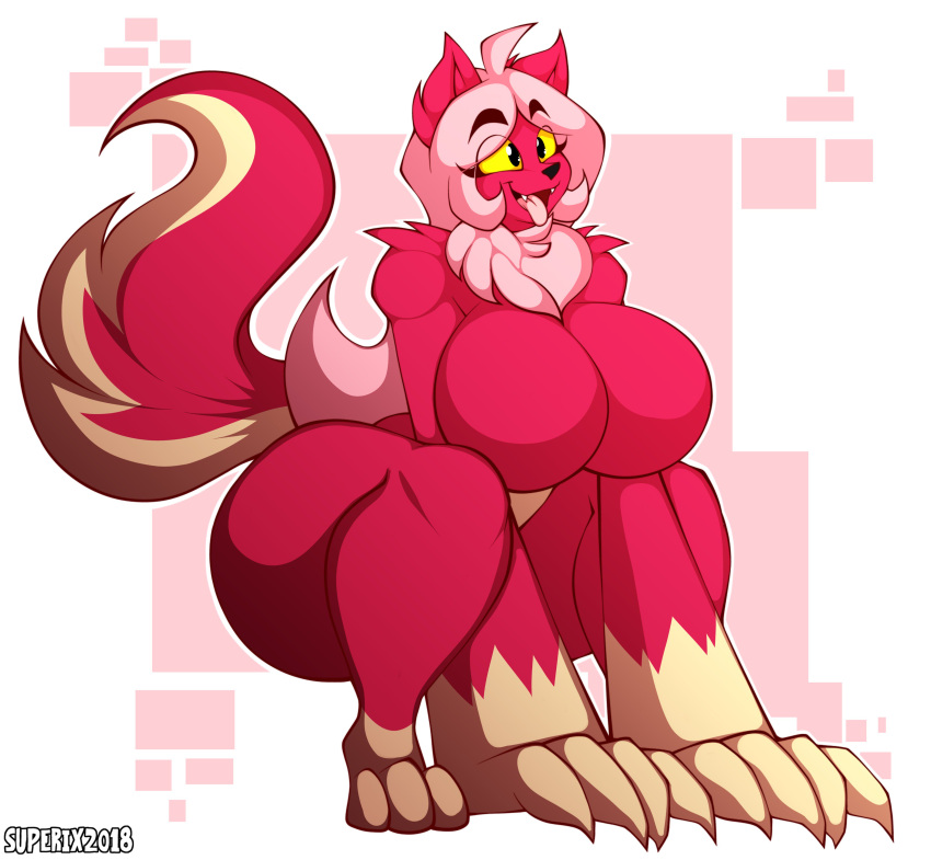 2018 absurd_res alternate_species anthro artist_name big_breasts big_hands breasts canid canine canis curvy_figure digital_media_(artwork) eyelashes fangs featureless_breasts feet female fingers fur hair hi_res hourglass_figure huge_breasts kneeling kyoob_(thegentlebro) long_tail mammal multicolored_body multicolored_fur nude pink_hair red_body red_fur simple_background simple_eyes smile solo superix tail tan_body tan_fur teeth thick_thighs toes tongue tongue_out two_tone_body two_tone_fur voluptuous wide_hips wolf yellow_sclera