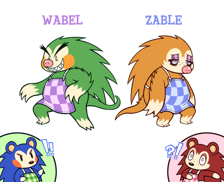 2022 angry animal_crossing anthro apron apron_only blue_body brown_body clothing coendou eulipotyphlan exclamation_point female green_body group guywiththepie hedgehog hi_res lidded_eyes mabel_able mammal mostly_nude new_world_porcupine nintendo porcupine question_mark rodent sable_able sharp_teeth sibling_(lore) simple_background sister_(lore) sisters_(lore) surprise teeth text tired white_background yellow_body