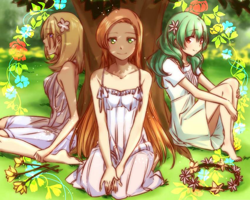 3girls against_tree barefoot blonde_hair blue_eyes blurry blurry_background breasts brown_hair closed_mouth clotho_buer collarbone dress flower genderswap_(mtf) green_eyes green_hair gundam gundam_seed gundam_seed_destiny hair_between_eyes hair_flower hair_ornament highres hugging_own_legs long_dress long_hair looking_at_viewer mole mole_under_eye morihaw multiple_girls orga_sabnak outdoors pleated_dress red_eyes rule_63 shani_andras short_dress short_sleeves sitting sleeveless sleeveless_dress small_breasts smile spaghetti_strap straight_hair sundress tree very_long_hair white_dress white_flower