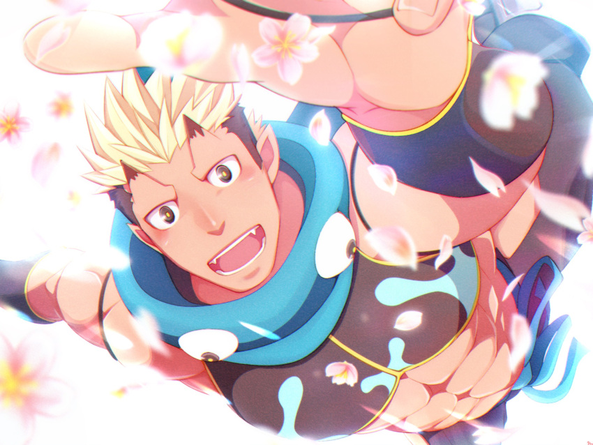 1boy abs backlighting bara bare_shoulders black_hair blonde_hair blue_scarf blush crow_(siranui) falling fangs flower foreshortening highres horns jiraiya_(housamo) looking_at_viewer male_focus midriff multicolored_hair muscular muscular_male oni pectorals petals pink_flower pointy_ears scarf short_hair sideburns skin-covered_horns smile solo stomach tokyo_afterschool_summoners two-tone_hair undercut