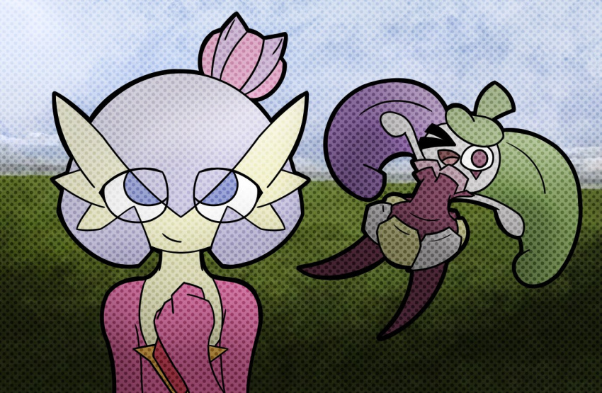 >.< 2022 3_fingers duo eye_through_hair featureless_hands female fingers fusion gardevoir generation_3_pokemon generation_7_pokemon hair humanoid looking_at_viewer malegardevoir nintendo not_furry one_eye_closed pokemon pokemon_(species) pokemon_fusion purple_eyes purple_hair simple_background size_difference smile steenee translucent translucent_hair tsareena