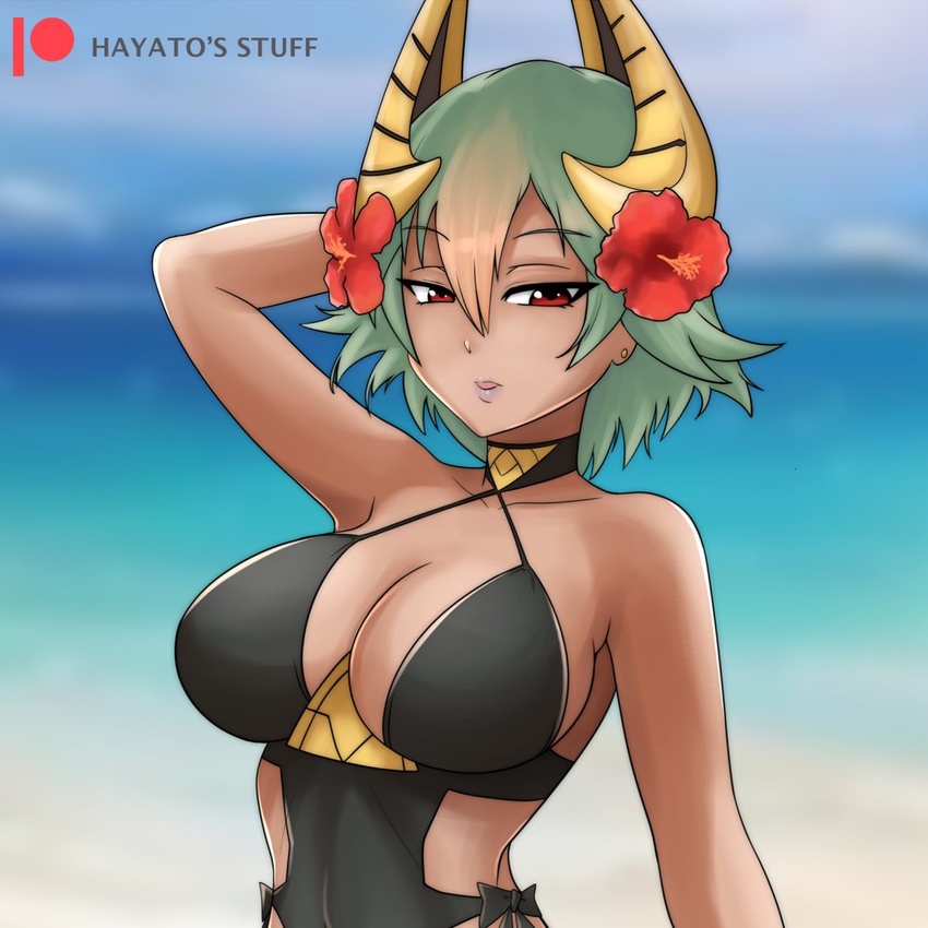 arm_behind_head bad_id bad_twitter_id beach black_one-piece_swimsuit blurry blurry_background breasts crown dark-skinned_female dark_skin female fire_emblem fire_emblem_heroes flower green_hair hair_flower hair_ornament hayato_stuff laegjarn_(fire_emblem) laegjarn_(summer)_(fire_emblem) large_breasts lipstick looking_away makeup ocean official_alternate_costume one-piece_swimsuit pink_lips red_eyes short_hair solo swimsuit watermark