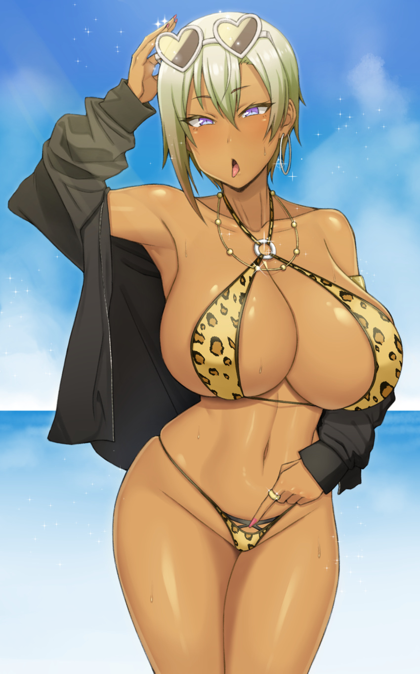 animal_print bikini black_jacket blue_sky breasts commentary_request dark-skinned_female dark_skin day earrings female gyaru hair_between_eyes hajimete_no_gal halterneck hand_up handplug highres honjou_ranko hoop_earrings jacket jewelry kogal large_breasts leopard_print nail_polish navel necklace o-ring o-ring_top ocean open_clothes open_jacket open_mouth pink_nails purple_eyes ring short_hair sky solo standing swimsuit thighs tongue tongue_out water