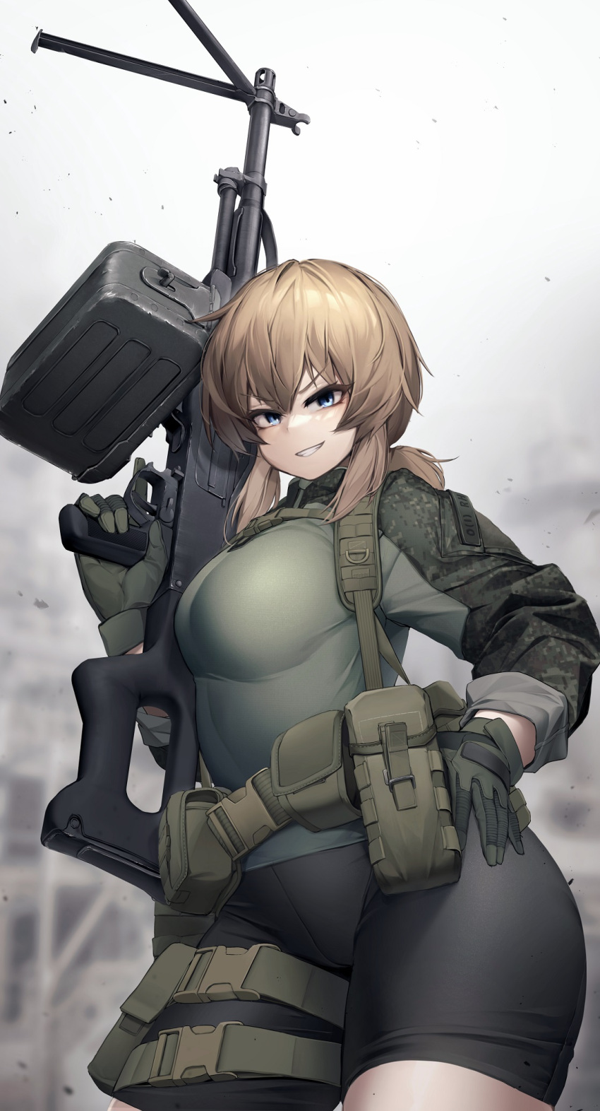 bike_shorts blonde_hair blue_eyes breasts brown_hair female gloves grin gun hair_between_eyes highres holding holding_gun holding_weapon holster jacket looking_at_viewer machine_gun medium_breasts nine_(kanine41) original pkp_pecheneg ponytail revision shorts smersh smile solo thigh_holster trigger_discipline vesna_(dutchko) weapon