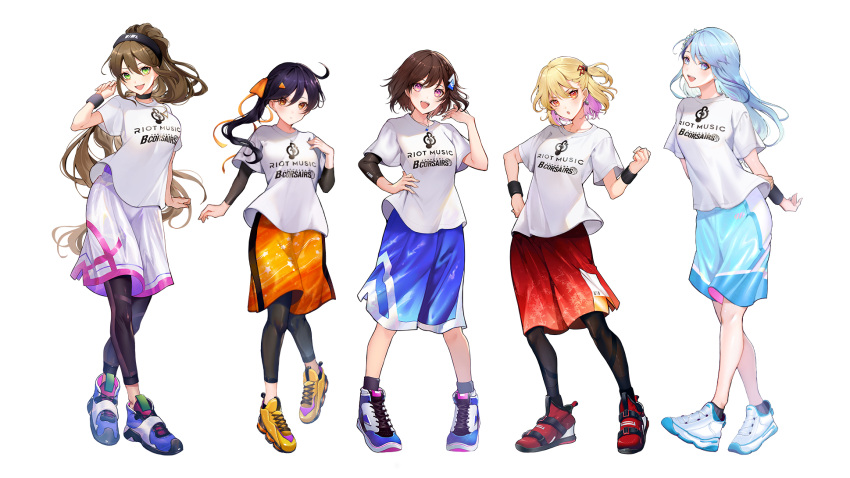 5girls ashizawa_saki black_legwear blonde_hair blue_hair brown_hair color_coordination doumyouji_cocoa hair_ornament highres light_blue_hair lineup long_hair looking_at_viewer matsunaga_iori multiple_girls nagase_yuka nagihara_suzuna official_art purple_eyes riot_music riz3 shirt short_hair virtual_youtuber white_background white_shirt