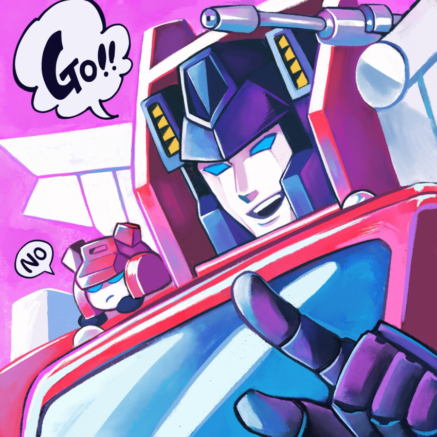 2boys autobot blue_eyes chibi cliffjumper close-up english_text highres horns inferno_(transformers) makaron611 multiple_boys no_humans open_mouth pointing pout smile transformers transformers:_generation_1