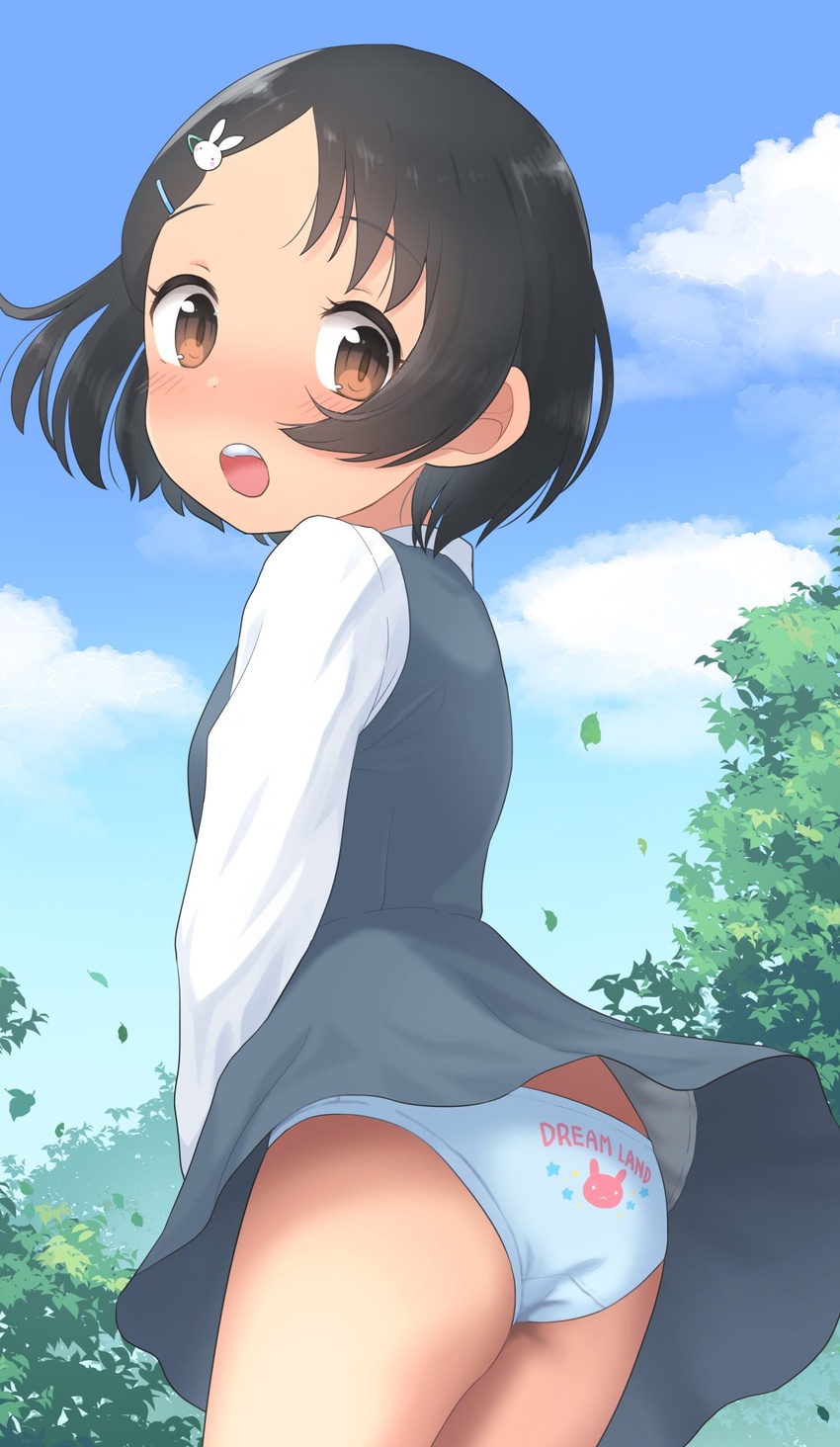 animal_print ass bangs black_hair blue_panties blue_sky blush brown_eyes bunny_hair_ornament bunny_panties bunny_print cloud commentary_request day dot_nose dress dress_tug eyebrows_visible_through_hair flat_chest grey_dress hair_ornament hairclip highres idolmaster idolmaster_cinderella_girls leaf lolicon long_sleeves looking_back open_mouth outdoors panties pantyshot print_panties sasaki_chie shirt short_hair sky solo teeth thighs tree underwear upper_teeth white_shirt wind wind_lift yama_tatsuo