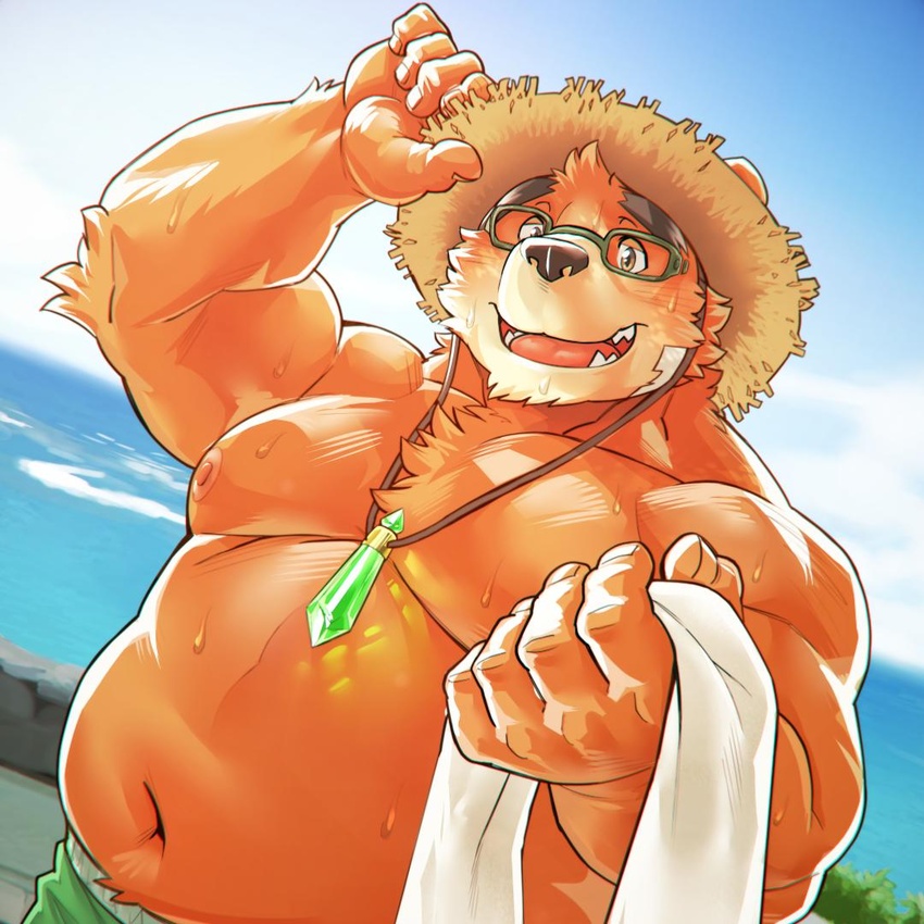 1boy animal_ears animal_nose bandaid bandaid_on_face bara bear_boy bear_ears belly brown_fur fang_out furry furry_male glasses green_pants hand_on_headwear hat holding holding_towel jewelry large_pectorals looking_at_viewer male_focus muscular muscular_male navel necklace nipples oerba_yun_fang okusu_(oaks16) open_mouth pants pectorals simple_background smile snout solo stomach straw_hat sweat thick_eyebrows tokyo_afterschool_summoners towel upper_body volos_(housamo) yellow_eyes