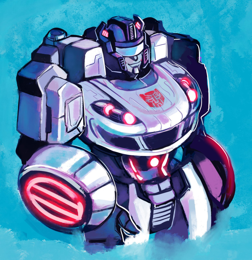 1boy assault_visor autobot blue_background hand_on_own_hip highres jazz_(transformers) looking_to_the_side makaron611 mecha no_humans robot smile solo transformers transformers:_fall_of_cybertron