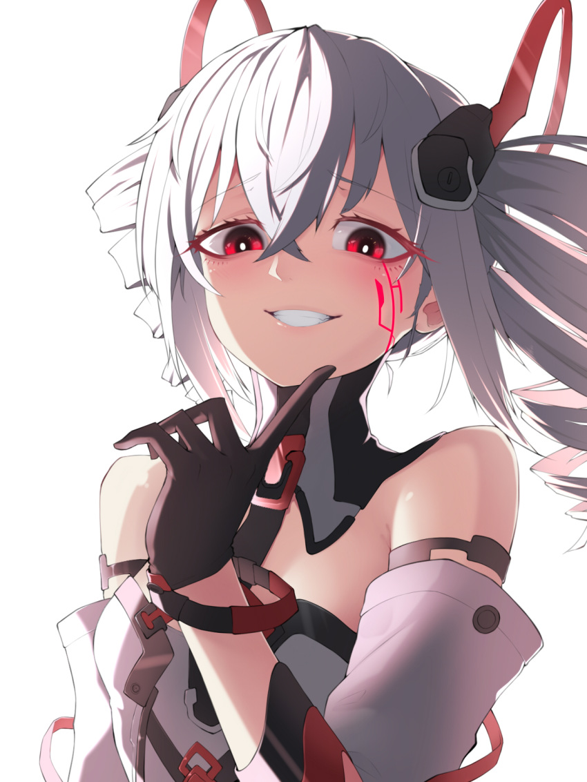 bare_shoulders black_gloves bronya_zaychik bronya_zaychik_(black_nucleus) commentary crossed_bangs detached_collar drill_hair facial_mark female gloves grey_hair grin hair_ornament highres honkai_(series) honkai_impact_3rd long_hair looking_at_viewer patton_(cross-bones-t) red_eyes sidelocks smile solo twin_drills upper_body white_background