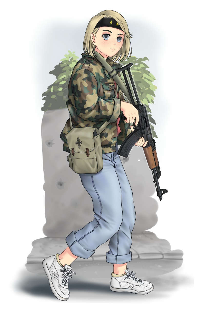 assault_rifle black_headband blonde_hair bosnia_and_herzegovina bush camouflage camouflage_coat coat collared_coat commentary denim female fleur-de-lis freckles grey_eyes gun gun_sling headband highres holding holding_gun holding_weapon jeans kalashnikov_rifle looking_at_viewer mardjan nike_(company) original pants pavement popped_collar pouch red_shirt rifle road serbo-croatian_commentary serious shirt shoes short_hair sleeves_rolled_up solo street swept_bangs weapon white_background white_footwear wing_collar woodland_camouflage zastava_m70